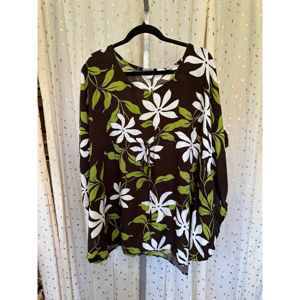 Hula Bay Hawaiian Tropical Tiare Flowers Batwing Kaftan Swim Cover Up Top S/M